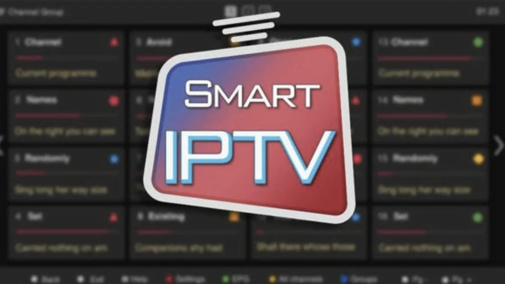 Logótipo da aplicação Smart IPTV (SIPTV) sobre a grelha de canais da app numa Smart TV